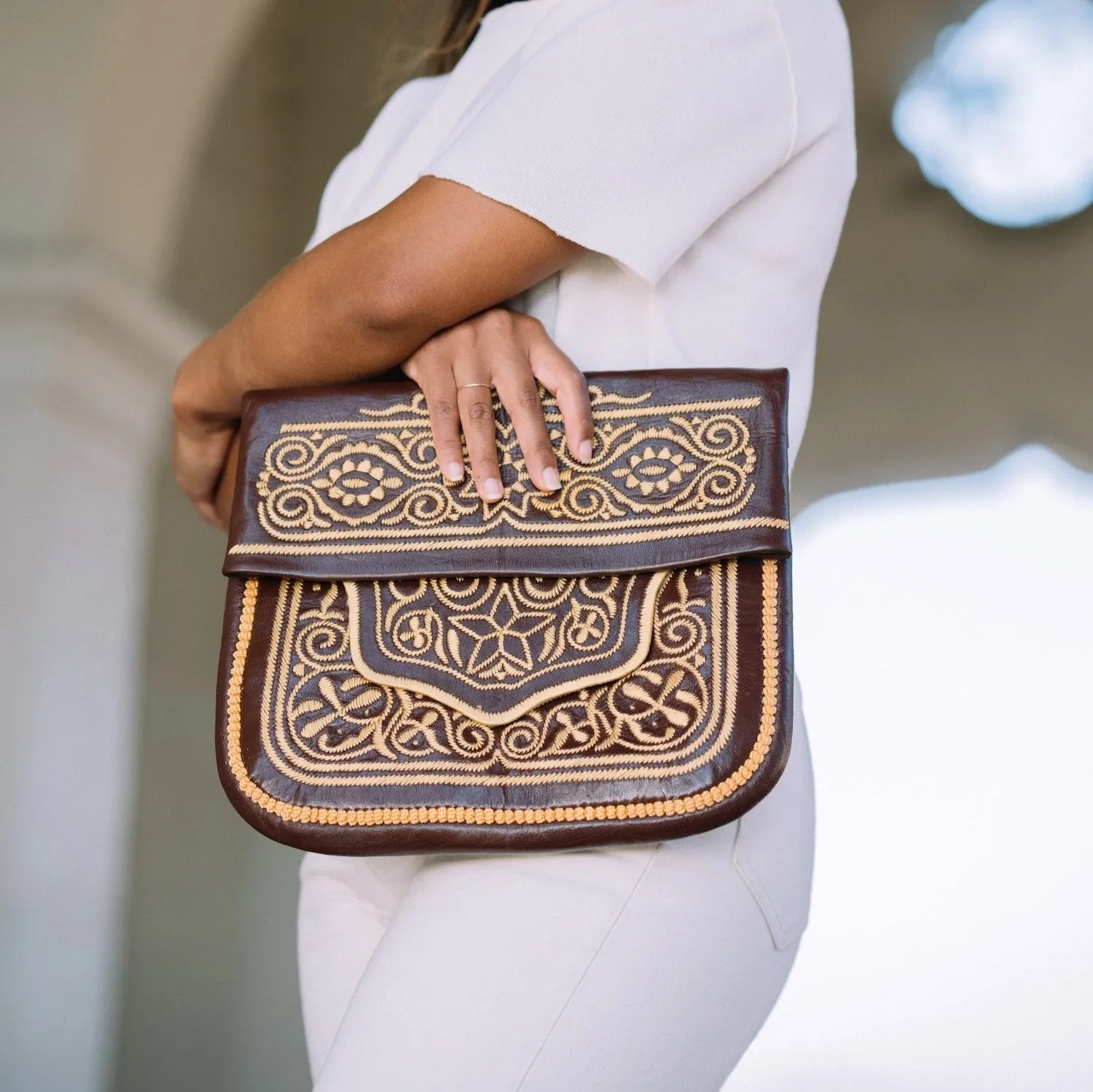 Chestnut Embroidered Leather Bag