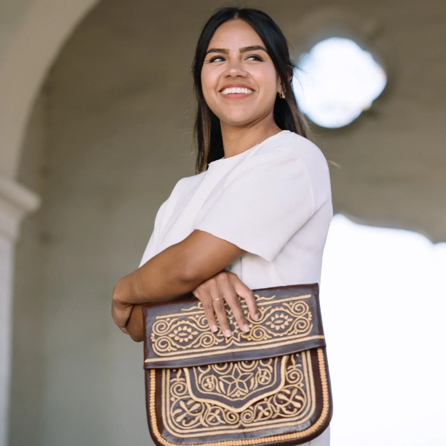 Chestnut Embroidered Leather Bag