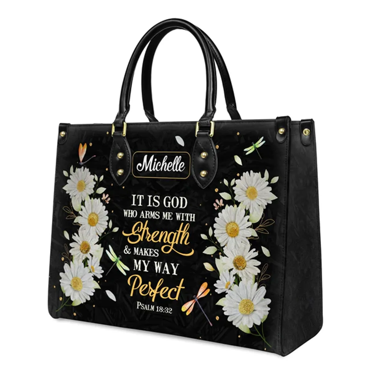 Christianart Designer Handbags, It Is God Who Arms Me With Strength Psalm 18:32 Daisy Dragonfly, Personalized Gifts, Gifts for Women, Christmas Gift.