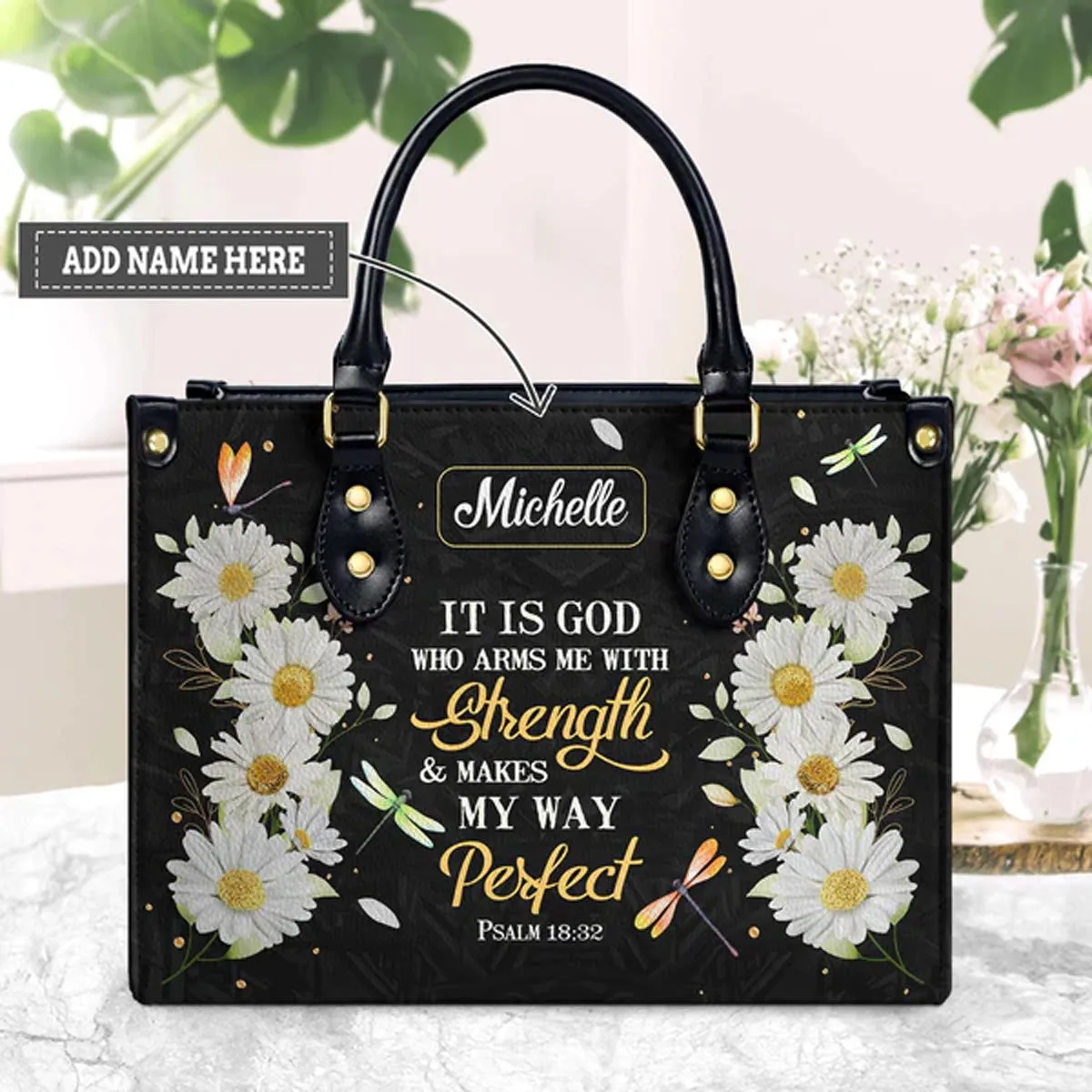 Christianart Designer Handbags, It Is God Who Arms Me With Strength Psalm 18:32 Daisy Dragonfly, Personalized Gifts, Gifts for Women, Christmas Gift.