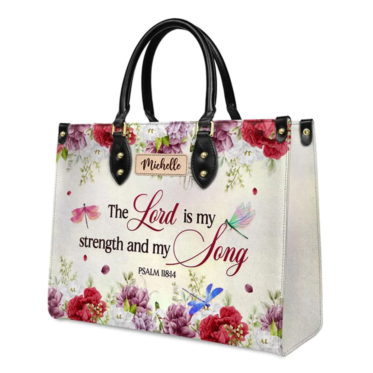 Christianart Designer Handbags, The Lord Is My Strength And My Song Psalm 118:14 Dragonfly Flower, Personalized Gifts, Gifts for Women, Christmas Gift.