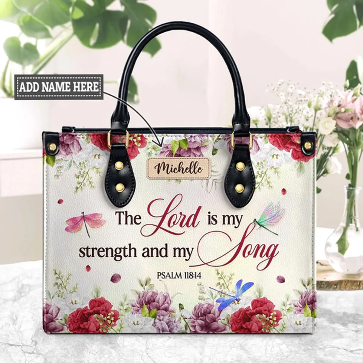 Christianart Designer Handbags, The Lord Is My Strength And My Song Psalm 118:14 Dragonfly Flower, Personalized Gifts, Gifts for Women, Christmas Gift.