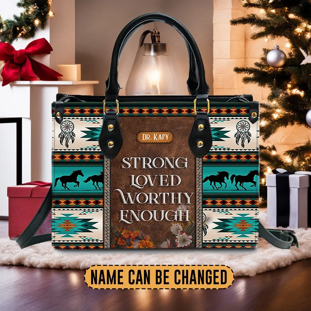 Christianartbag Handbags, I Am Strong Loved Worthy Enough Leather Handbag, Southwest Native American embroidery Handbag, Gifts for Women, CABLTB01101023.