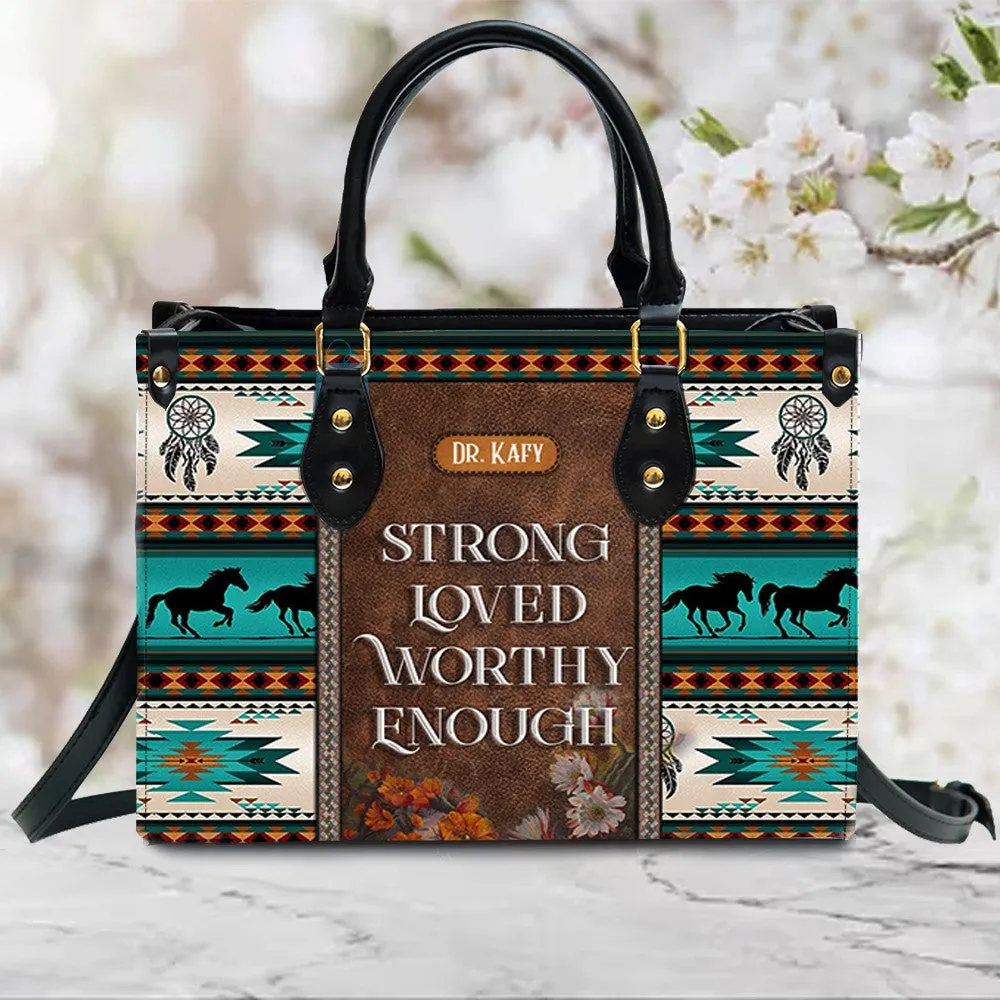 Christianartbag Handbags, I Am Strong Loved Worthy Enough Leather Handbag, Southwest Native American embroidery Handbag, Gifts for Women, CABLTB01101023.