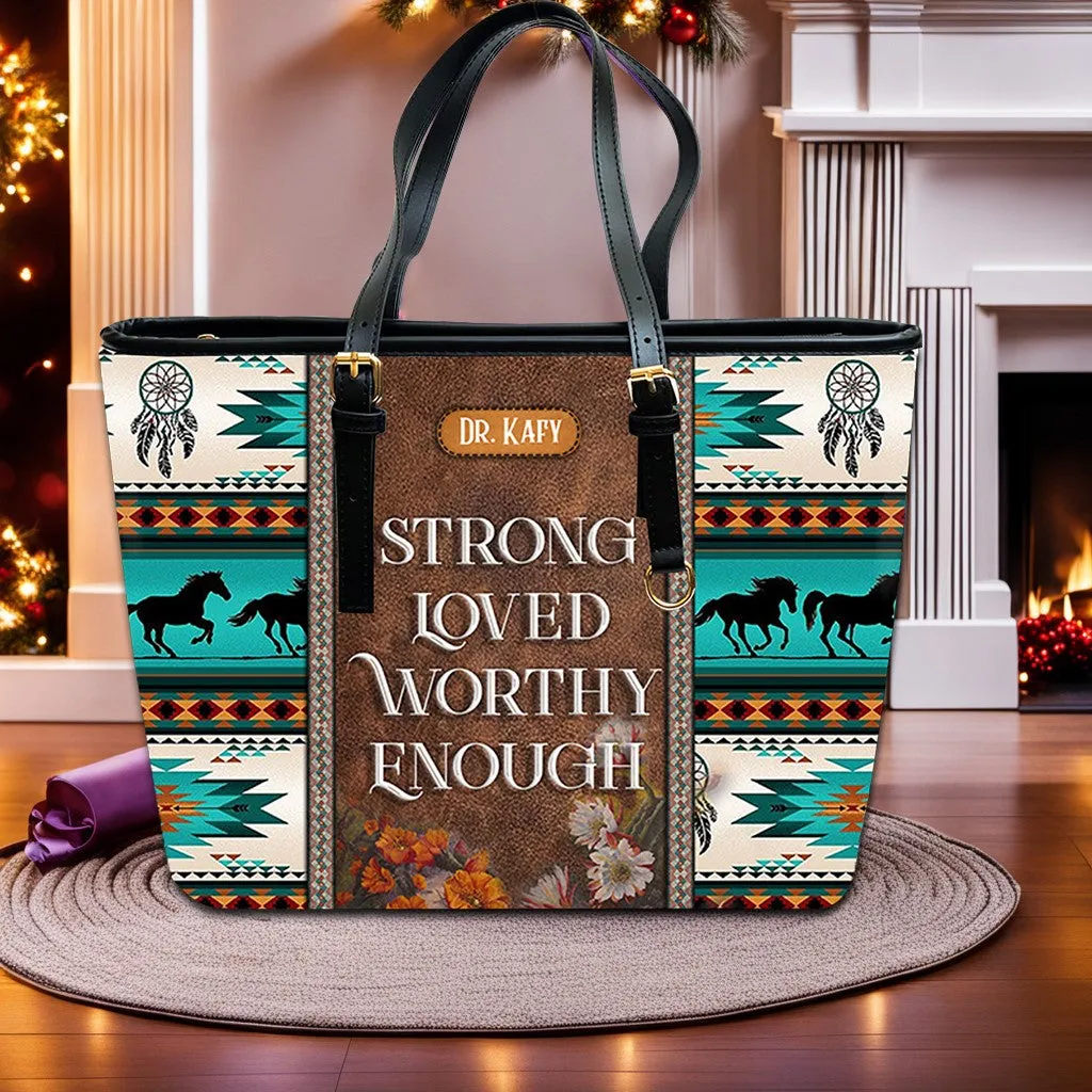 Christianartbag Handbags, I Am Strong Loved Worthy Enough Leather Handbag, Southwest Native American embroidery Handbag, Gifts for Women, CABLTB01101023.
