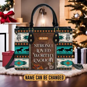 Christianartbag Handbags, I Am Strong Loved Worthy Enough Leather Handbag, Southwest Native American embroidery Handbag, Gifts for Women, CABLTB01101023.
