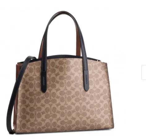 Coach Charlie Carryall Tan Dark Denim Colorblock Signature Canvas Charcoal Handbag NEW