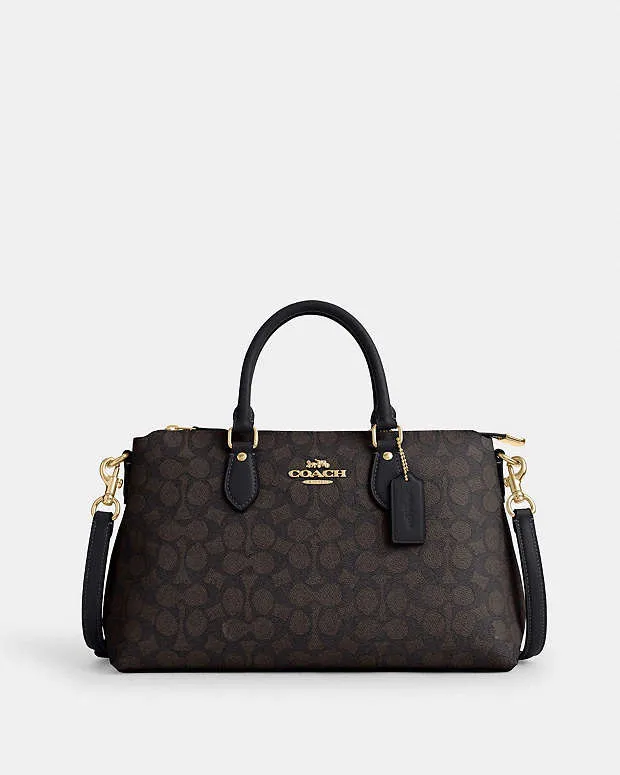 Coach Georgia Satchel Bag In Signature Canvas Signature Canvas-Gold-Walnut-Black