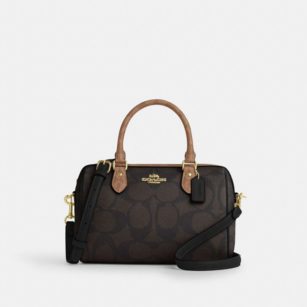 Coach Rowan Satchel Bag In Blocked Signature Canvas Signature Canvas-Gold-Walnut-Tan