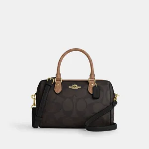 Coach Rowan Satchel Bag In Blocked Signature Canvas Signature Canvas-Gold-Walnut-Tan