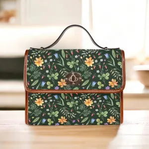 Cottagecore Witchy Canvas Satchel bag, Petite Green Wildflowers on Black purse, Canvas & Vegan Leather Floral Handbag,Boho Witchcore Satchel