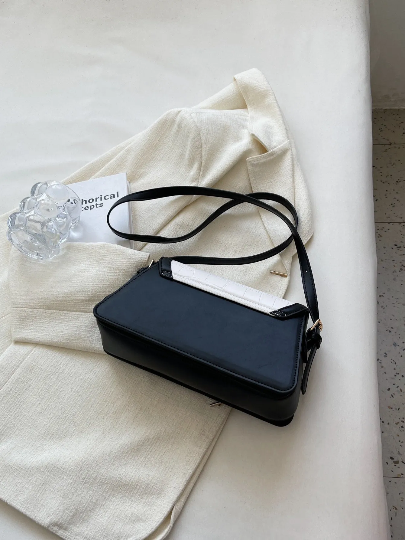 Crocodile Embossed Contrast Binding Flap Square Bag - Black and White
