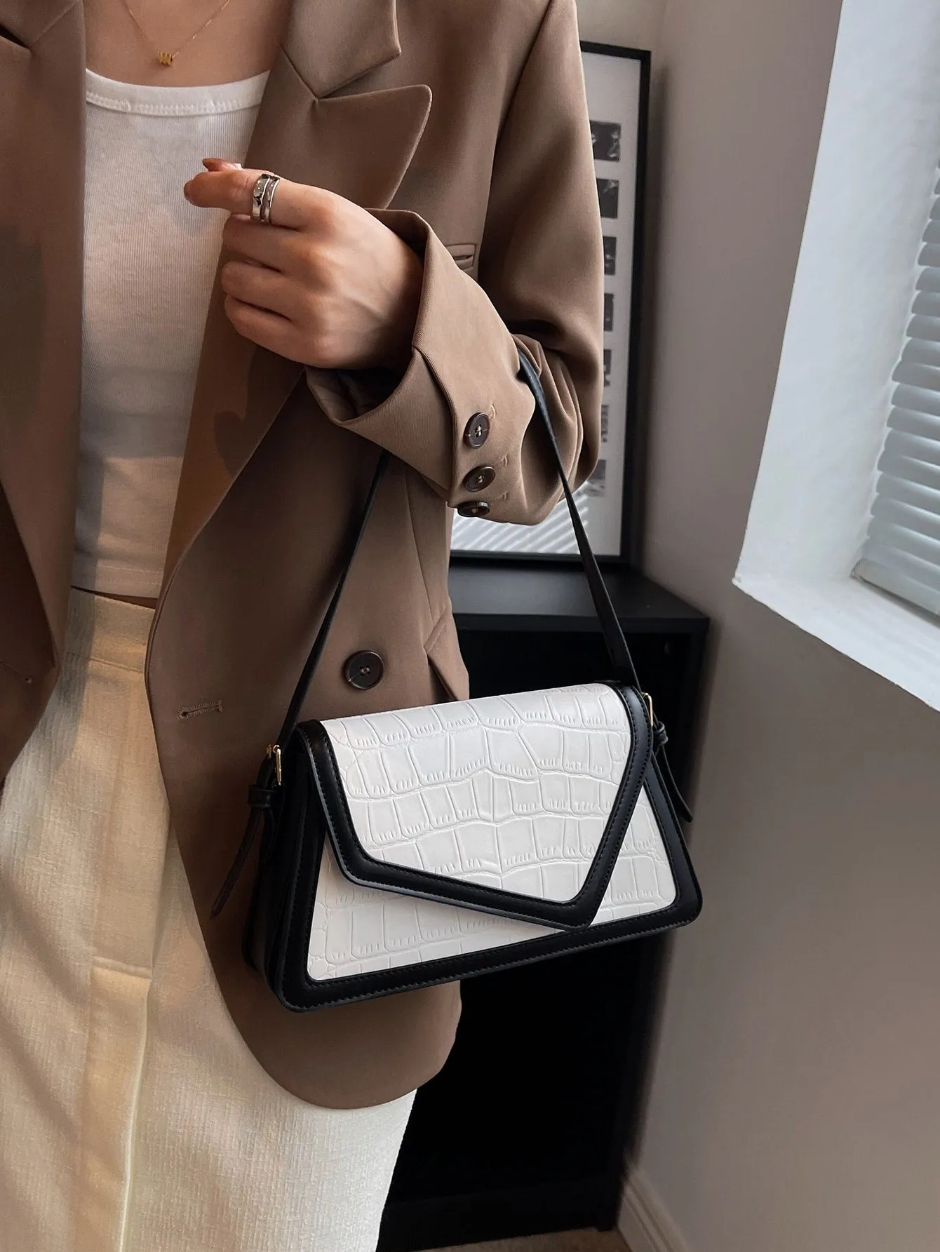 Crocodile Embossed Contrast Binding Flap Square Bag - Black and White