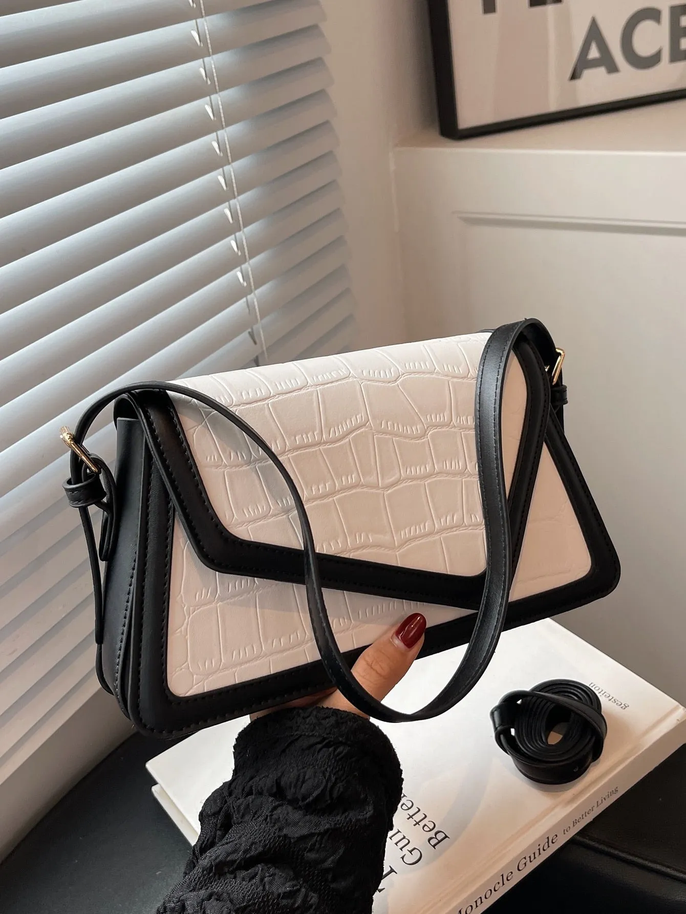 Crocodile Embossed Contrast Binding Flap Square Bag - Black and White