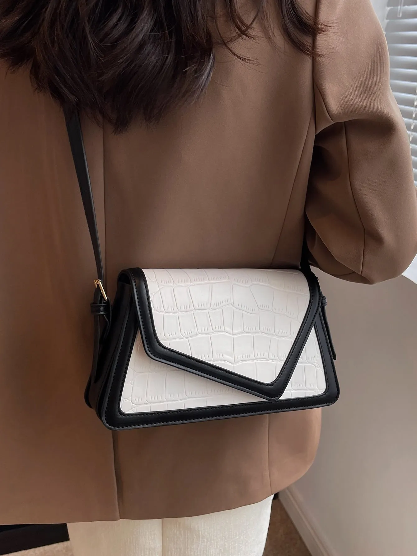Crocodile Embossed Contrast Binding Flap Square Bag - Black and White