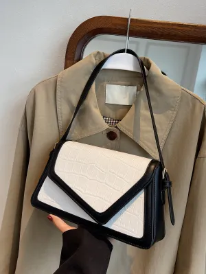 Crocodile Embossed Contrast Binding Flap Square Bag - Black and White