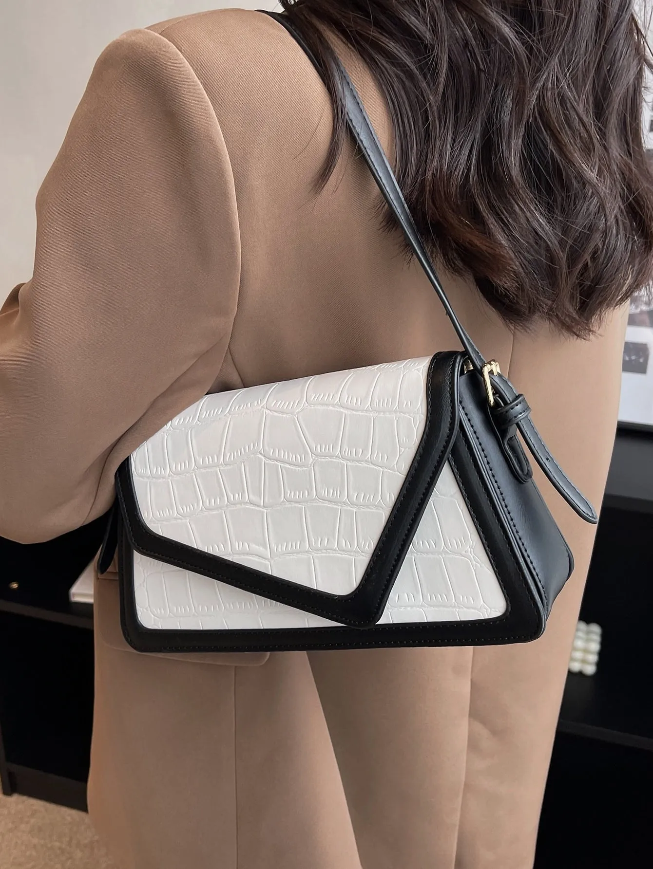 Crocodile Embossed Contrast Binding Flap Square Bag - Black and White