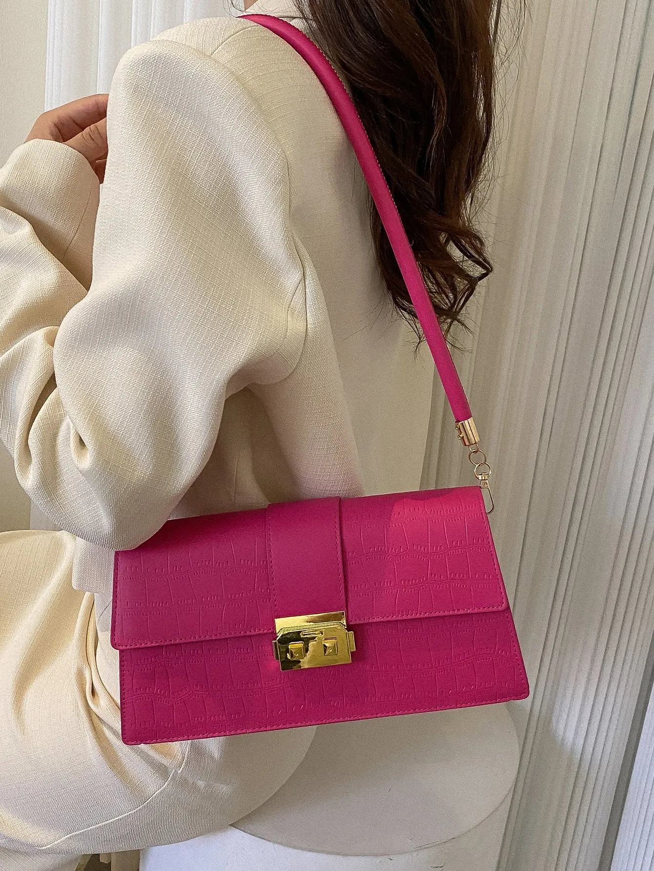 Crocodile Embossed Metal Decor Square Bag - Hot Pink