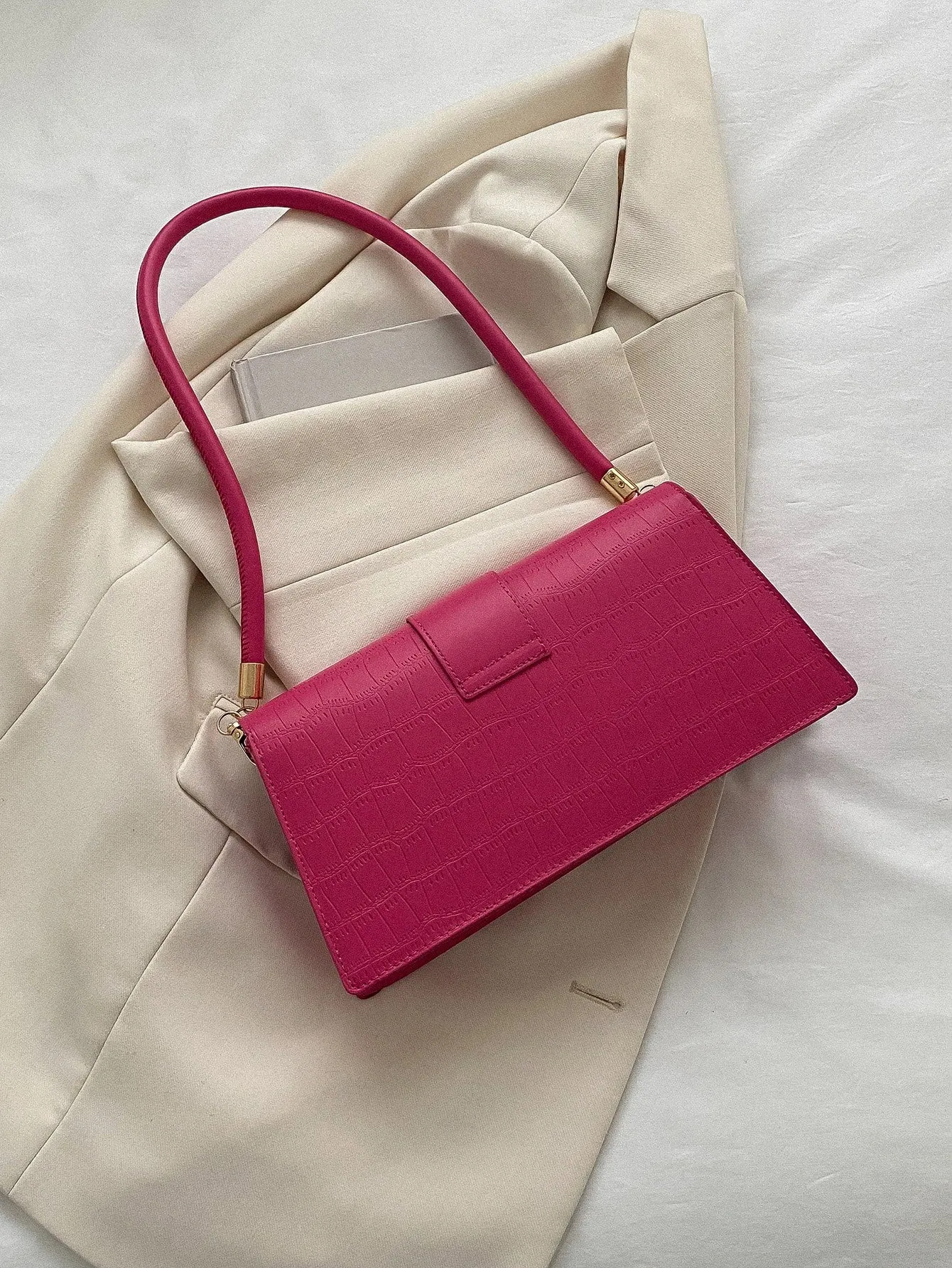 Crocodile Embossed Metal Decor Square Bag - Hot Pink