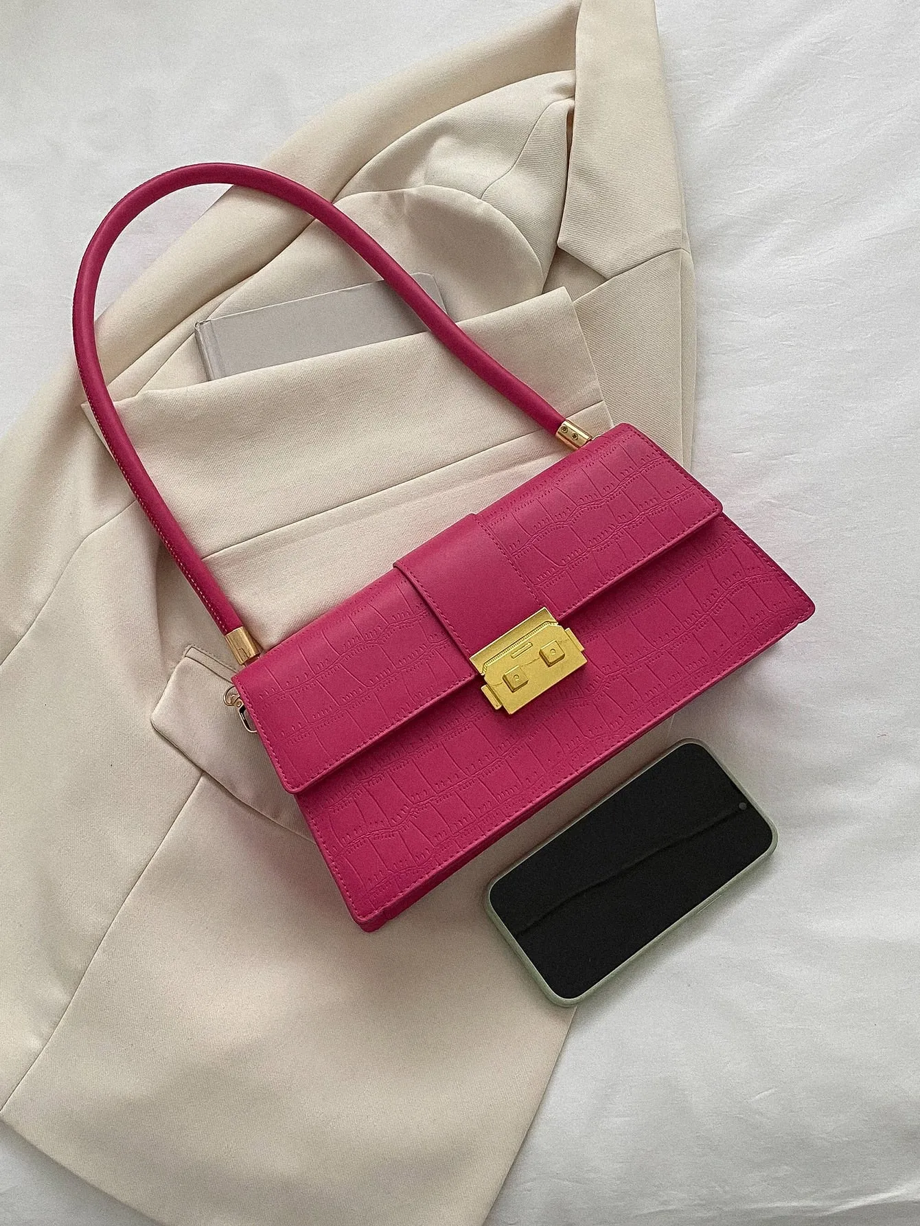 Crocodile Embossed Metal Decor Square Bag - Hot Pink