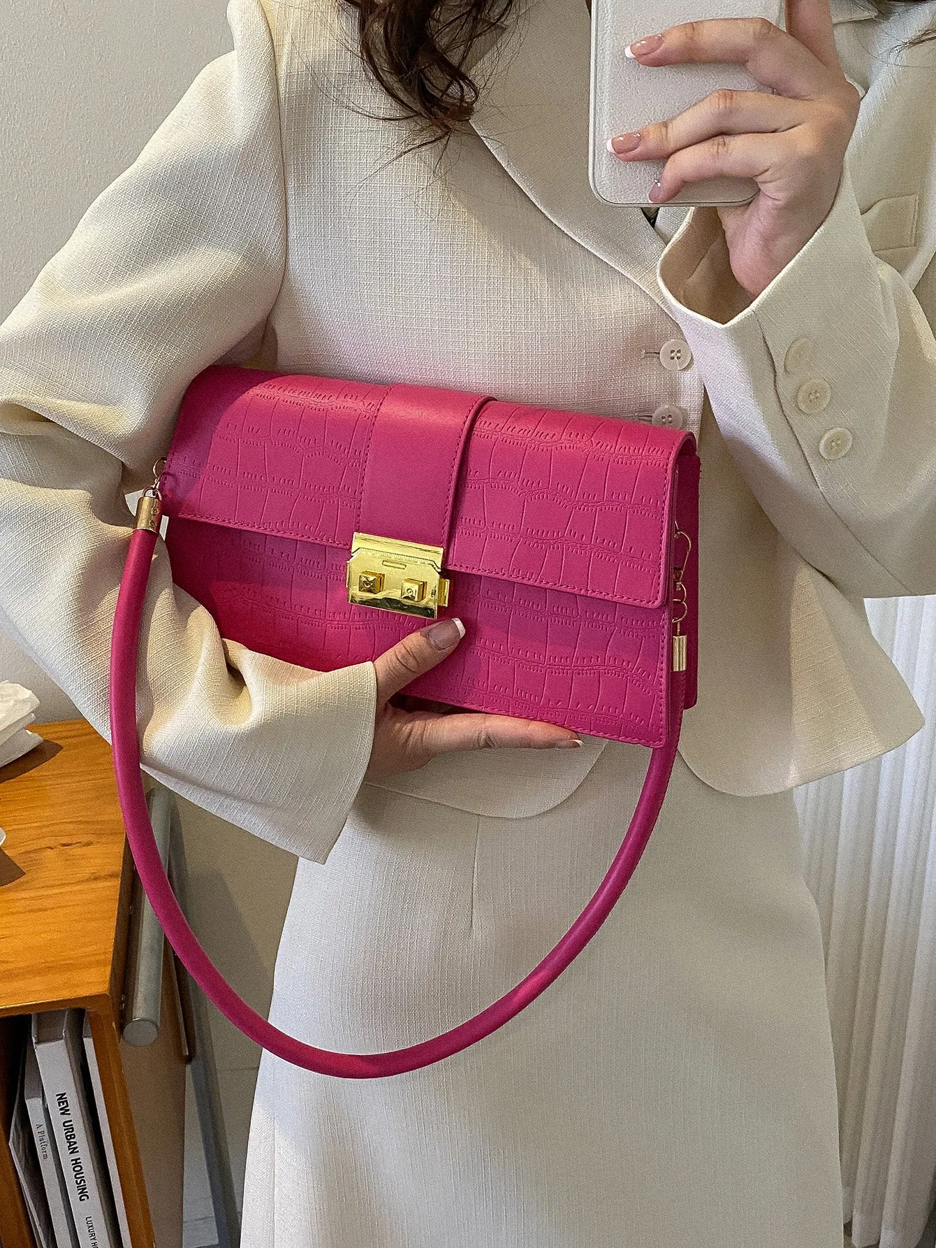 Crocodile Embossed Metal Decor Square Bag - Hot Pink