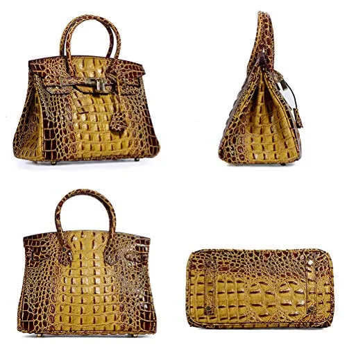 Crocodile Grain Genuine Leather Satchel Bag Women's Cowhide Handbags Chain Shoulder Messenger Bags Woman (35#=35cm18cm26cm, Brown)