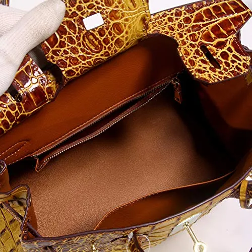 Crocodile Grain Genuine Leather Satchel Bag Women's Cowhide Handbags Chain Shoulder Messenger Bags Woman (35#=35cm18cm26cm, Brown)