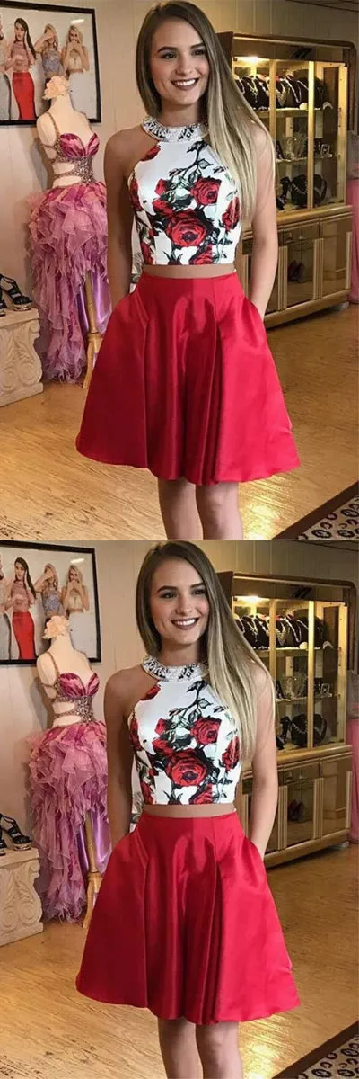 Cute Red Floral Print A-line Two Piece Halter Homecoming Dresses with Pockets, SH430