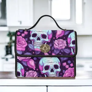 Dark Skull Boho Halloween Canvas Satchel bag, Cottagecore witch crossbody purse, cute vegan leather strap goth bag, hippie boho gift handbag