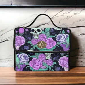 Dark Skull Boho Halloween Canvas Satchel bag, Cottagecore witch crossbody purse, cute vegan leather strap goth bag, hippie boho gift handbag