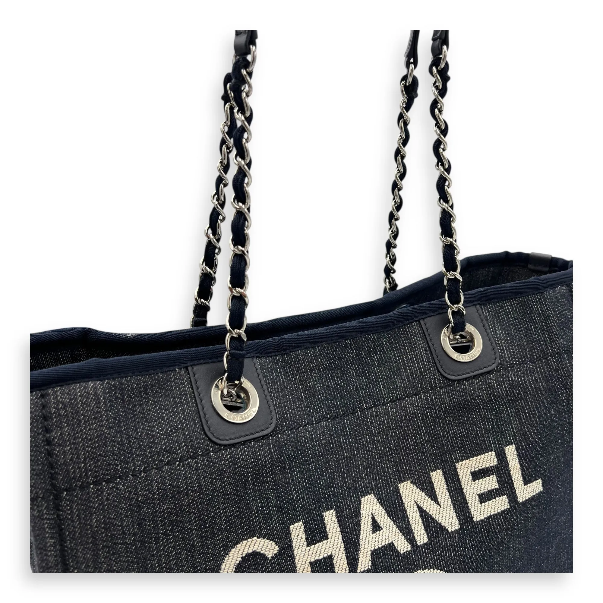Deauville Small Blue Tote Bag in Canvas, Silver hardware