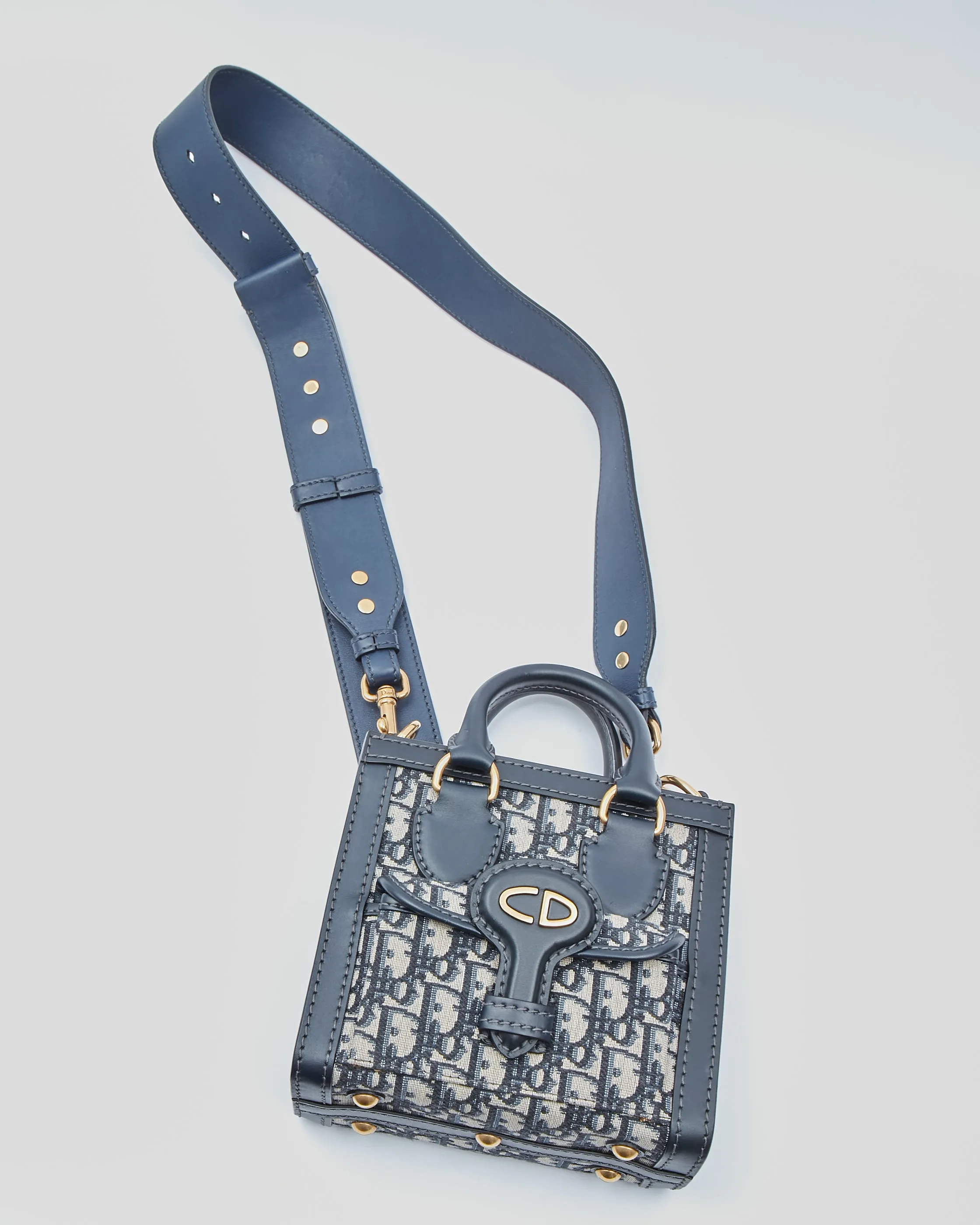 Dior Navy Oblique Canvas Logo Mini Tote Bag