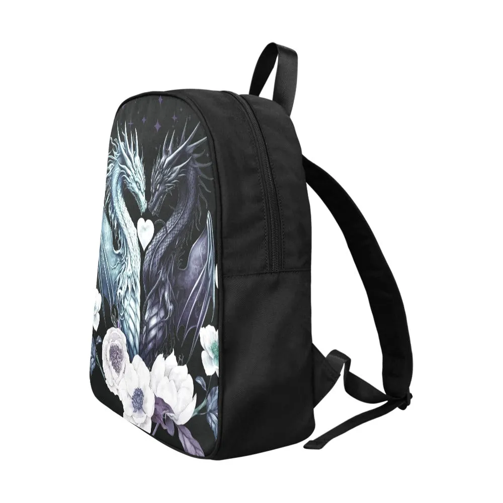Dragons in Love Backpack, Goth Bookbag (Select Size), School bag, Dragon Flowers Book Bag, Dark Academia, DND