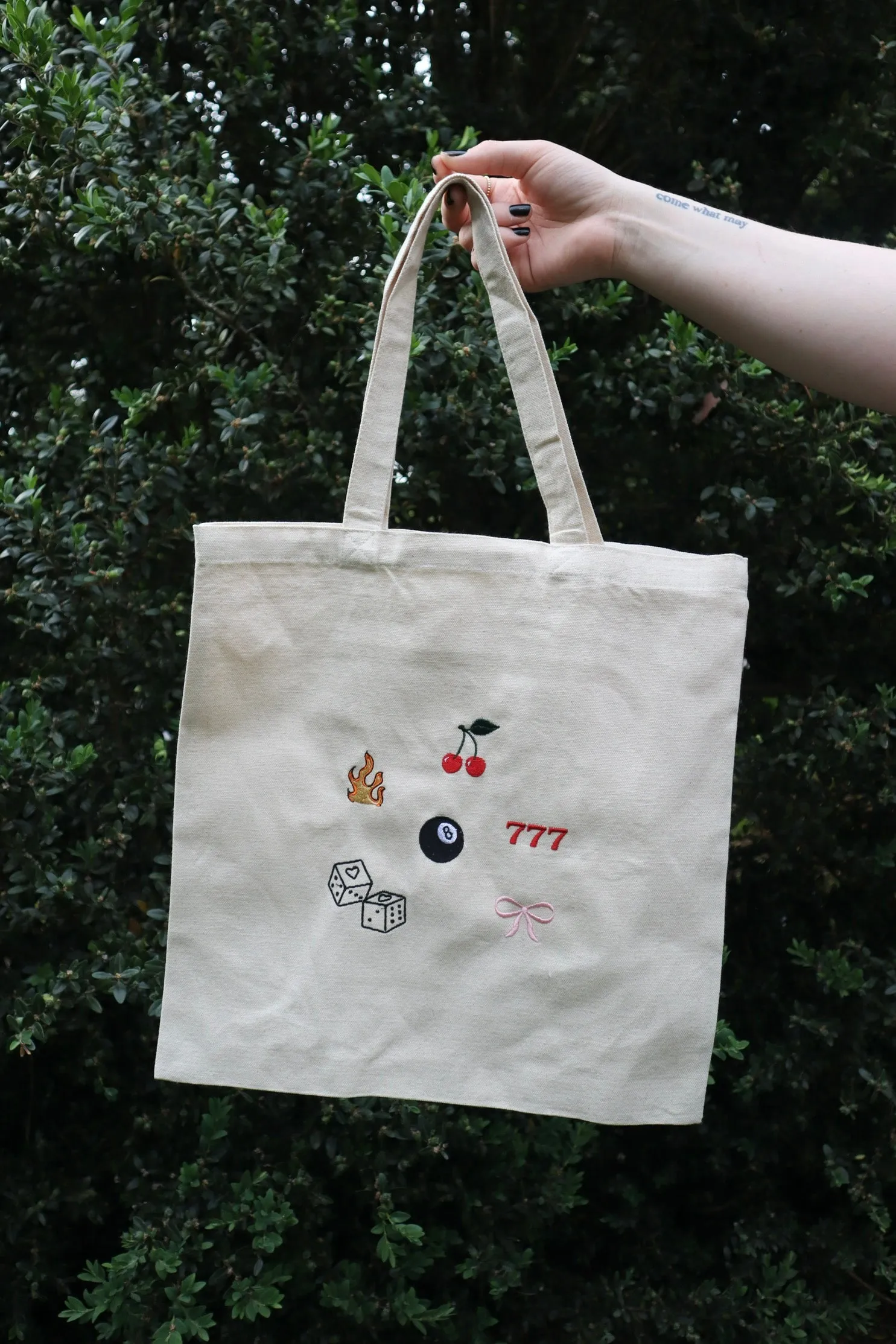 Embroidered Flame, Cherry, Eight Ball, Dice, Bow, 777 Natural Canvas Tote Bag