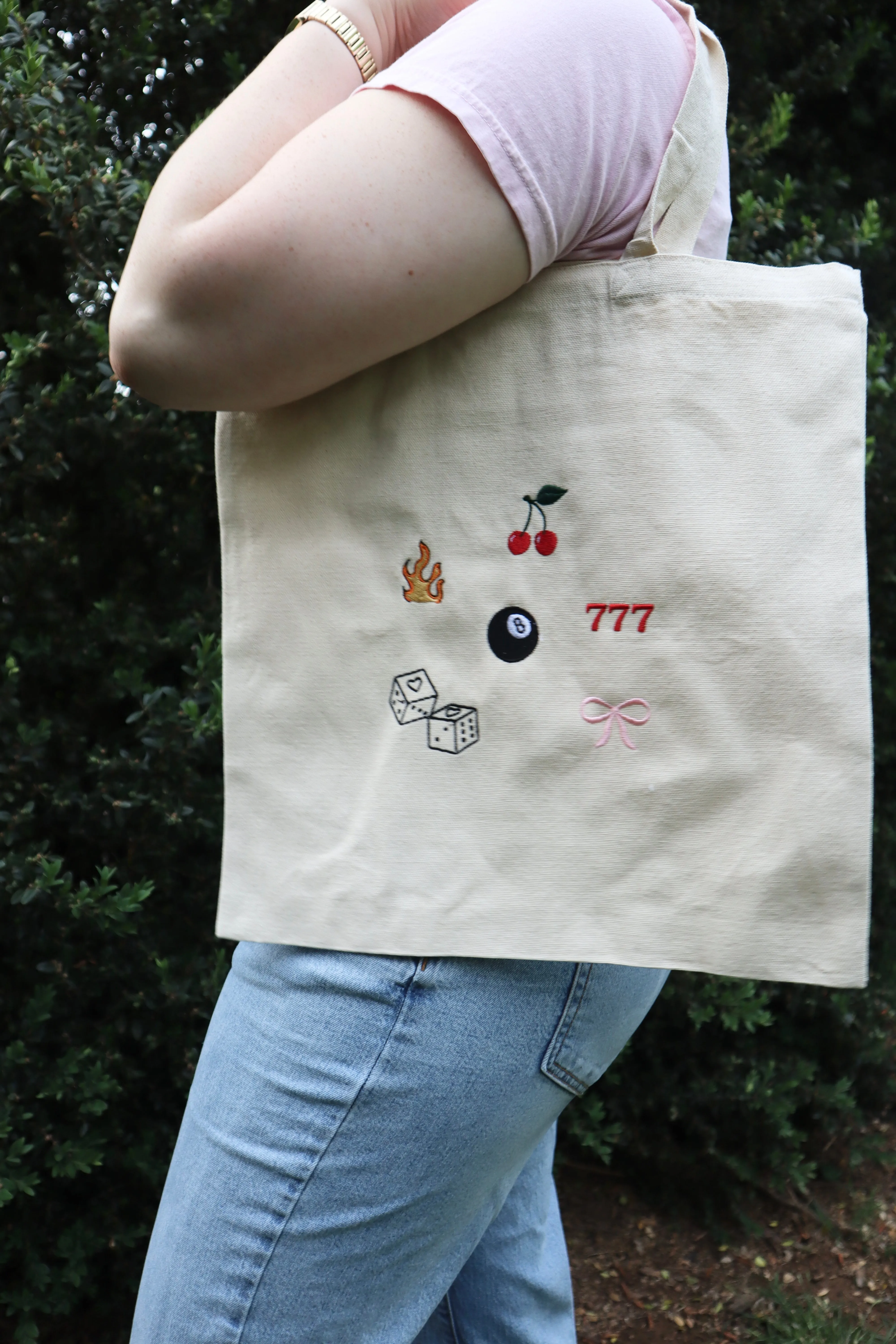 Embroidered Flame, Cherry, Eight Ball, Dice, Bow, 777 Natural Canvas Tote Bag