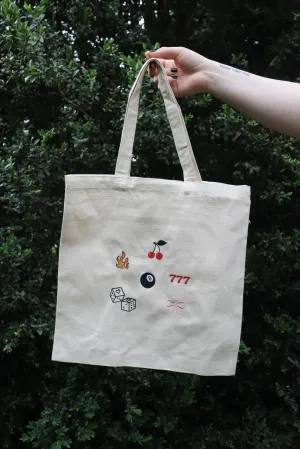 Embroidered Flame, Cherry, Eight Ball, Dice, Bow, 777 Natural Canvas Tote Bag