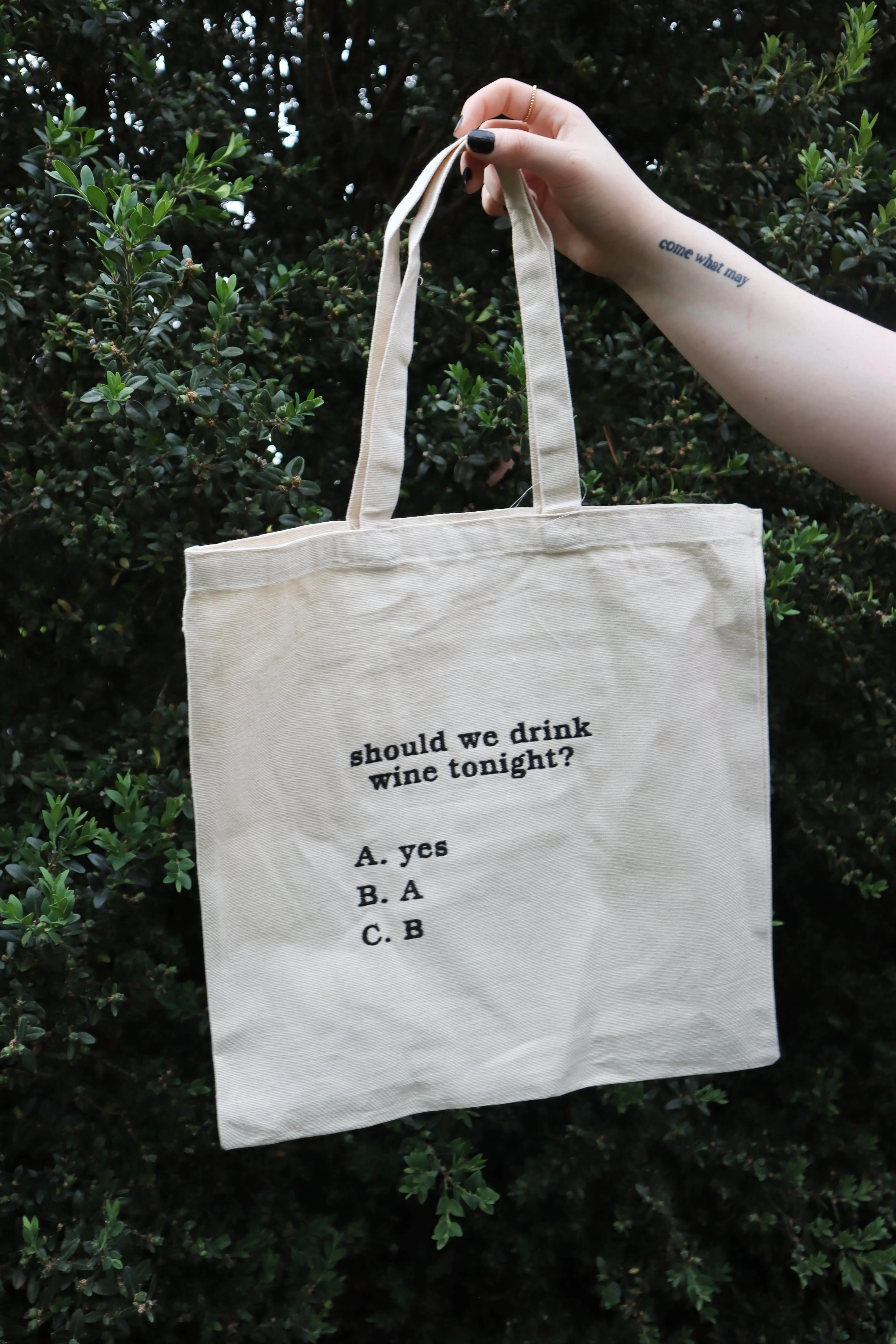 Embroidered Should We Drink Wine Tonight Natural Canvas Tote Bag
