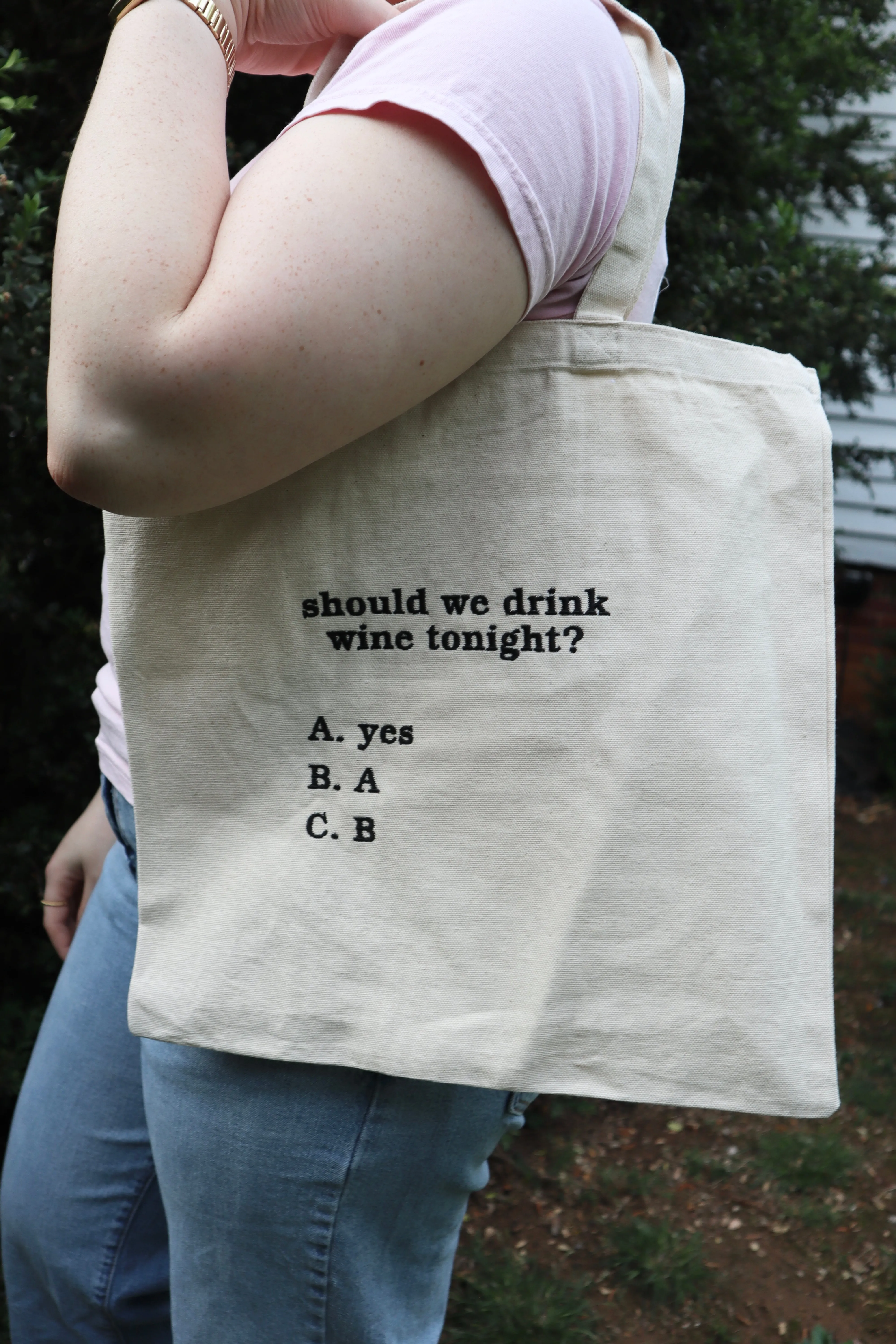Embroidered Should We Drink Wine Tonight Natural Canvas Tote Bag