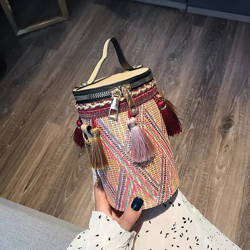 Ethnic Style Portable Straw Cylinder Fairy Crossbody Bags