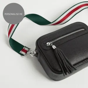 Florence Crossbody Bag in Black with Green Stripe Strap