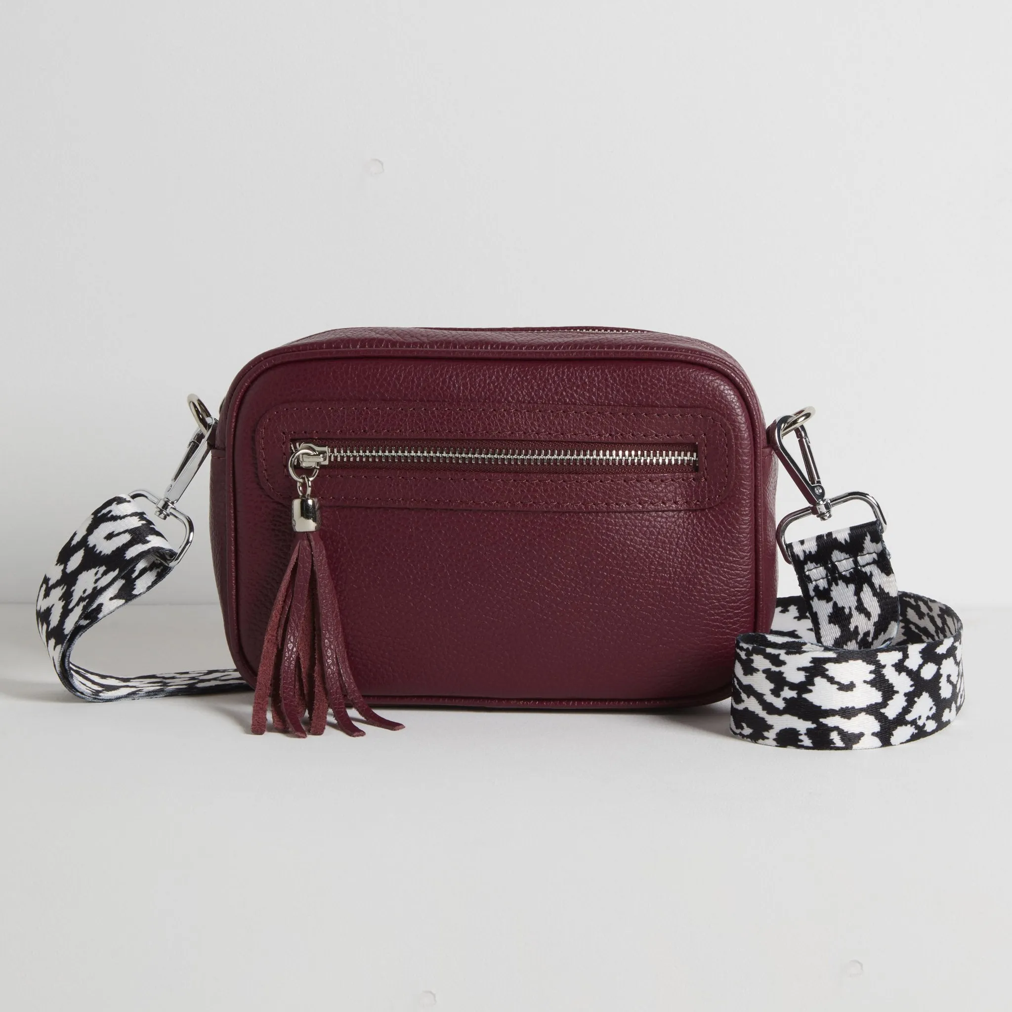 Florence Crossbody Bag in Burgundy with Black and White Leopard Strap