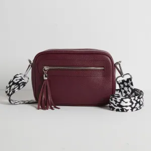 Florence Crossbody Bag in Burgundy with Black and White Leopard Strap