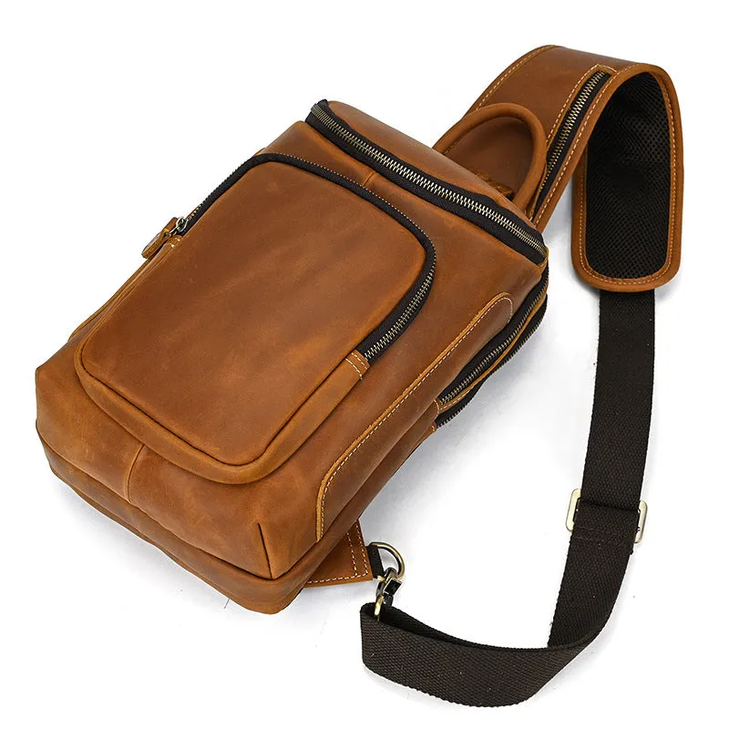 Full Grain Leather Chest Bag Retro Leather Crossbody Bag Handmade Mens Leather Sling Bag