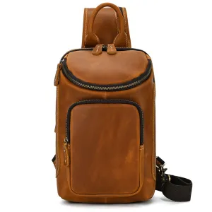 Full Grain Leather Chest Bag Retro Leather Crossbody Bag Handmade Mens Leather Sling Bag