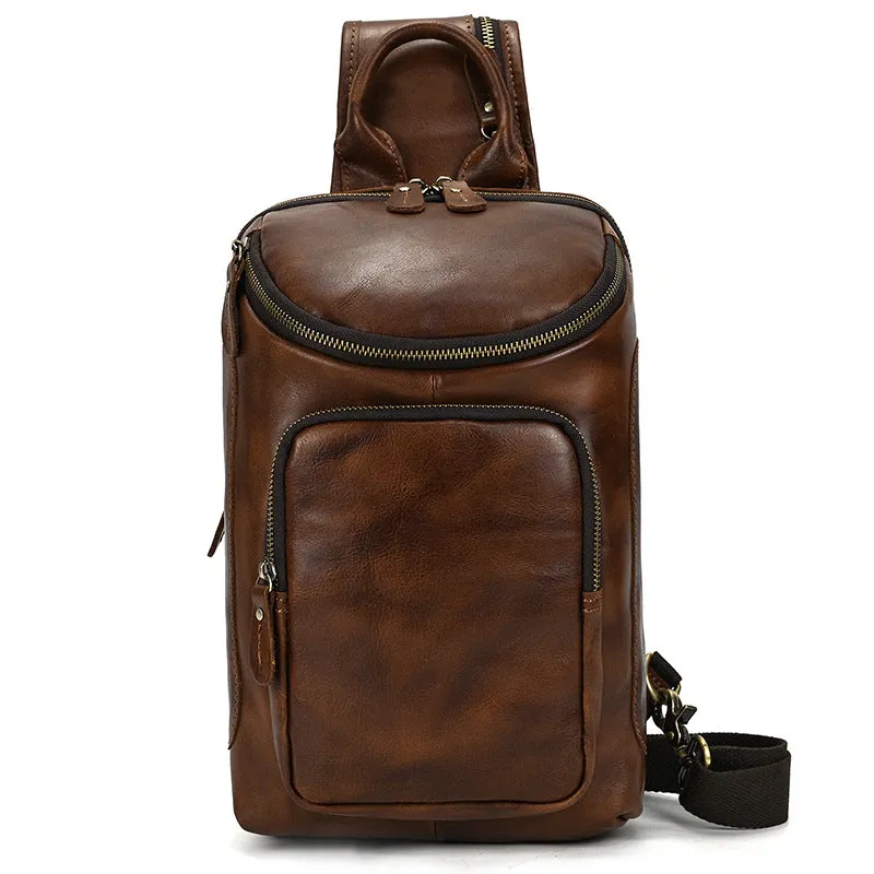 Full Grain Leather Chest Bag Retro Leather Crossbody Bag Handmade Mens Leather Sling Bag