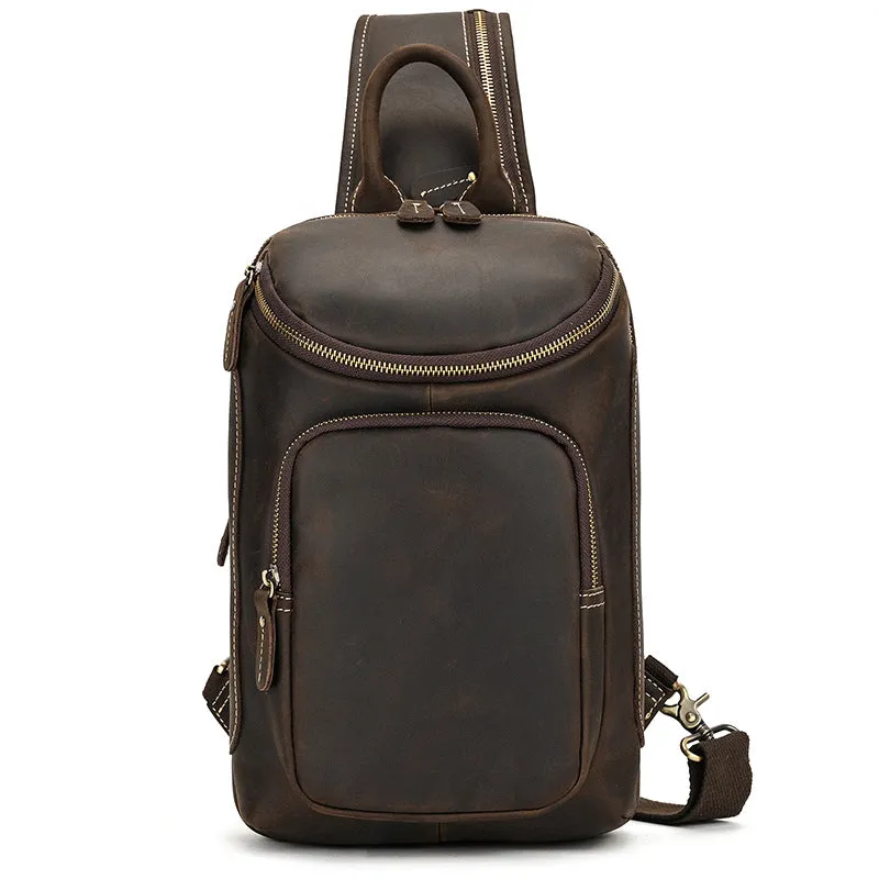 Full Grain Leather Chest Bag Retro Leather Crossbody Bag Handmade Mens Leather Sling Bag