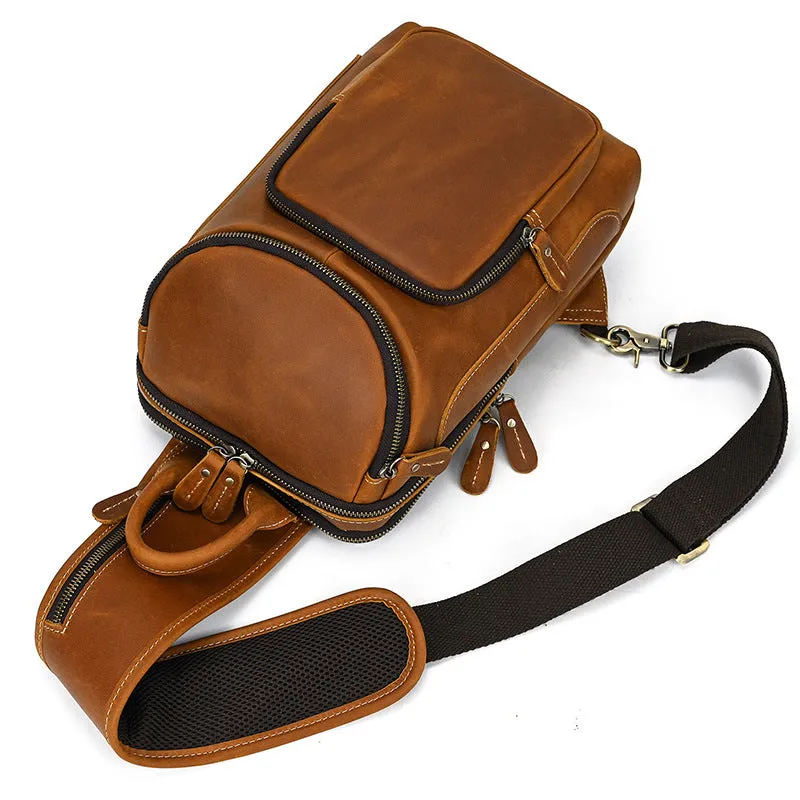 Full Grain Leather Chest Bag Retro Leather Crossbody Bag Handmade Mens Leather Sling Bag
