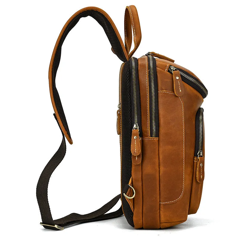 Full Grain Leather Chest Bag Retro Leather Crossbody Bag Handmade Mens Leather Sling Bag