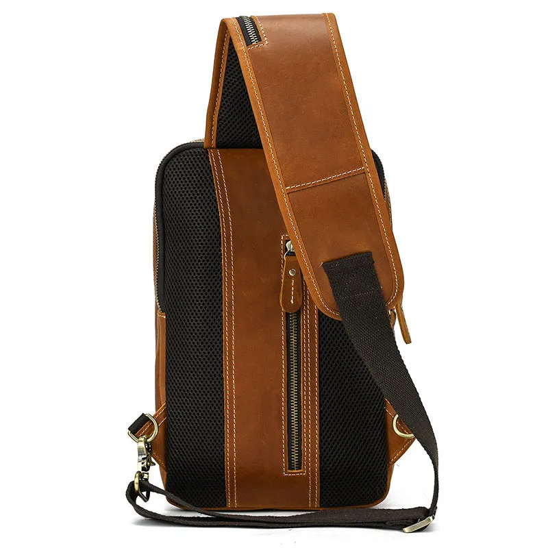 Full Grain Leather Chest Bag Retro Leather Crossbody Bag Handmade Mens Leather Sling Bag