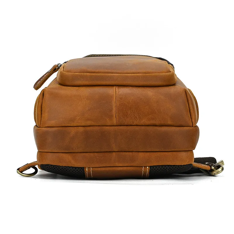 Full Grain Leather Chest Bag Retro Leather Crossbody Bag Handmade Mens Leather Sling Bag
